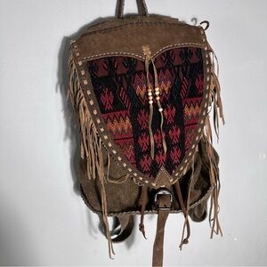 Brown Suede Fringe Backpack with Red Southwestern Aztec Patterned Boho